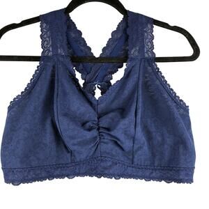 Cacique Navy Blue Lace Bralette size 18/20 NWOT Crossback Bow Semi Sheer Ruched